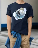 Cool Miniature Orca and Shark Potion Bottle Graphic Tee - model wearing navy tee with hands in pockets