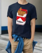Funny Fishboro 20 Filter Fishettes Vintage Cigarette Tshirt - model wearing navy tee with hands in pockets