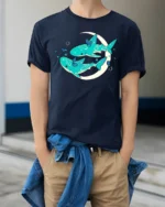 Celestial Shark Dreams Aesthetic Crescent Moon Graphic Tee - model wearing navy tee with hands in pockets
