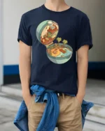 Magical Tropical Island Pokéball Pocket World Graphic Tshirt - model wearing navy tee with hands in pockets