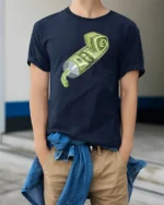 Creative Artistic Toothpaste Squeeze Money Cash Graphic Tshirt - model wearing navy tee with hands in pockets