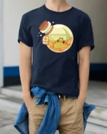 Adorable Cottagecore Frog Potion Bottle Aesthetic Soft Tshirt - model wearing navy tee with hands in pockets