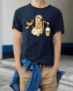 Futuristic Isometric Fruit Smoothie Juice Machine Graphic Tshirt - model wearing navy tee with hands in pockets
