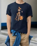 Vintage Aesthetic Camera Gear Forest Adventure Cotton Tshirt - model wearing navy tee with hands in pockets