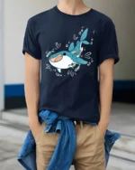 Adorable Whale Shark Ocean Friends Cartoon Graphic Tshirt - model wearing navy tee with hands in pockets