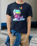 Futuristic Retro TV Head Robot Butterfly Graphic Soft Tshirt - model wearing navy tee with hands in pockets