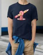 Funny Octopus Tentacle Holding Pencil Drawing Graphic T-shirt - model wearing navy tee with hands in pockets