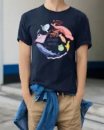 Cool Ocean Diversity Marine Life Circle Graphic Tee - model wearing navy tee with hands in pockets