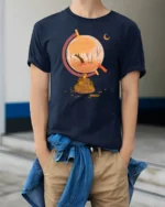 Aesthetic Autumn Globe Fox Nature Landscape Tshirt - model wearing navy tee with hands in pockets