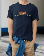 Funny Flying Money Wallet Financial Humor Graphic Tee - model wearing navy tee with hands in pockets
