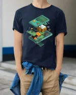 Retro Gaming Handheld Console Exploded View Graphic Tshirt - model wearing navy tee with hands in pockets