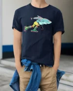 Retro Shark Roller Skating 90s Aesthetic Graphic Tshirt - model wearing navy tee with hands in pockets