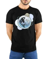 Cool Miniature Orca and Shark Potion Bottle Graphic Tee - model wearing black tee with hands behind back