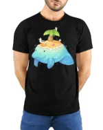 Adorable Sea Island Manatee Tropical Paradise Graphic Tee - model wearing black tee with hands behind back