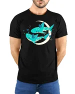 Celestial Shark Dreams Aesthetic Crescent Moon Graphic Tee - model wearing black tee with hands behind back