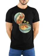 Magical Tropical Island Pokéball Pocket World Graphic Tshirt - model wearing black tee with hands behind back
