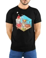 Isometric Underwater Kingdom Adventure Kraken Giant Octopus Tee - model wearing black tee with hands behind back