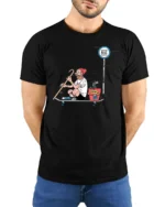 Hipster Old Man Skateboard Dog Commuter Funny Graphic Tee - model wearing black tee with hands behind back