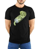 Creative Artistic Toothpaste Squeeze Money Cash Graphic Tshirt - model wearing black tee with hands behind back