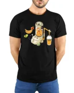 Futuristic Isometric Fruit Smoothie Juice Machine Graphic Tshirt - model wearing black tee with hands behind back