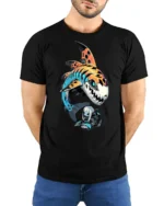 Cool Cyberpunk Mecha Shark And Anime Girl Graphic Tshirt - model wearing black tee with hands behind back