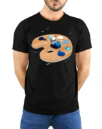 Creative Artistic Astronaut Painter Space Palette Graphic Tshirt - model wearing black tee with hands behind back