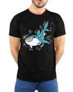 Adorable Whale Shark Ocean Friends Cartoon Graphic Tshirt - model wearing black tee with hands behind back