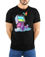 Futuristic Retro TV Head Robot Butterfly Graphic Soft Tshirt - model wearing black tee with hands behind back