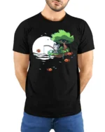Cute Cat Fishing On Floating Island Full Moon Graphic Tee - model wearing black tee with hands behind back