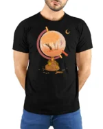 Aesthetic Autumn Globe Fox Nature Landscape Tshirt - model wearing black tee with hands behind back