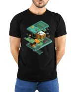 Retro Gaming Handheld Console Exploded View Graphic Tshirt - model wearing black tee with hands behind back