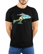 Retro Shark Roller Skating 90s Aesthetic Graphic Tshirt - model wearing black tee with hands behind back