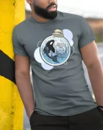 Cool Miniature Orca and Shark Potion Bottle Graphic Tee - model wearing grey tee, leaning on column