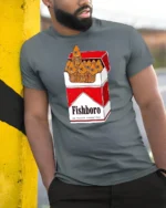 Funny Fishboro 20 Filter Fishettes Vintage Cigarette Tshirt - model wearing grey tee, leaning on column