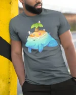 Adorable Sea Island Manatee Tropical Paradise Graphic Tee - model wearing grey tee, leaning on column