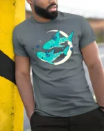 Celestial Shark Dreams Aesthetic Crescent Moon Graphic Tee - model wearing grey tee, leaning on column