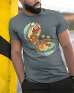 Magical Tropical Island Pokéball Pocket World Graphic Tshirt - model wearing grey tee, leaning on column
