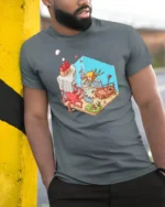 Isometric Underwater Kingdom Adventure Kraken Giant Octopus Tee - model wearing grey tee, leaning on column