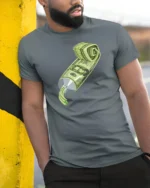 Creative Artistic Toothpaste Squeeze Money Cash Graphic Tshirt - model wearing grey tee, leaning on column