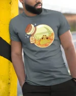 Adorable Cottagecore Frog Potion Bottle Aesthetic Soft Tshirt - model wearing grey tee, leaning on column