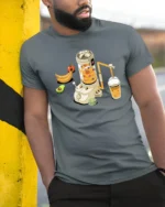 Futuristic Isometric Fruit Smoothie Juice Machine Graphic Tshirt - model wearing grey tee, leaning on column