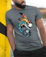 Cool Cyberpunk Mecha Shark And Anime Girl Graphic Tshirt - model wearing grey tee, leaning on column