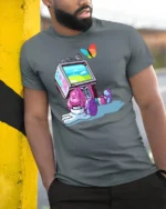 Futuristic Retro TV Head Robot Butterfly Graphic Soft Tshirt - model wearing grey tee, leaning on column