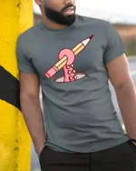 Funny Octopus Tentacle Holding Pencil Drawing Graphic T-shirt - model wearing grey tee, leaning on column