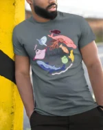 Cool Ocean Diversity Marine Life Circle Graphic Tee - model wearing grey tee, leaning on column