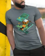 Retro Gaming Handheld Console Exploded View Graphic Tshirt - model wearing grey tee, leaning on column