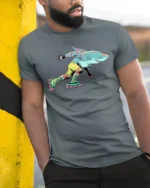 Retro Shark Roller Skating 90s Aesthetic Graphic Tshirt - model wearing grey tee, leaning on column