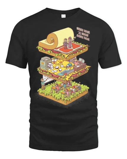 Surreal Isometric Office School Life Layers Graphic Tshirt - black t-shirt on white background