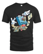 Retro Floppy Disk Windows 98 Cartoon Character Graphic Tee - black t-shirt on white background
