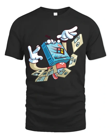 Retro Floppy Disk Windows 98 Cartoon Character Graphic Tee - black t-shirt on white background